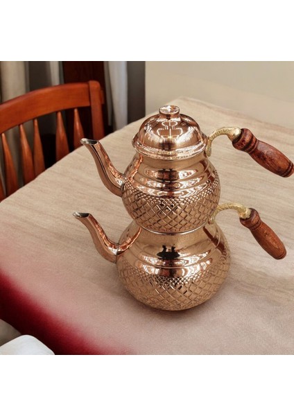 El yapımı piramit desenli büyük bakır çaydanlık ve demlik, 2,65 L