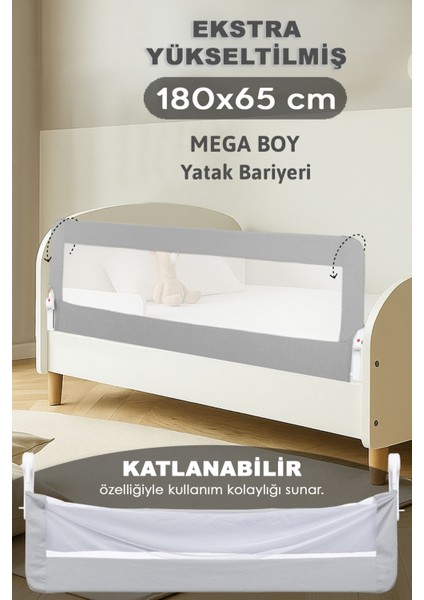 180X65 cm Katlanır Bebek Yatak Bariyeri - Mega Boy Koruma Bariyeri Koruyucu Baza Korkuluğu Gri