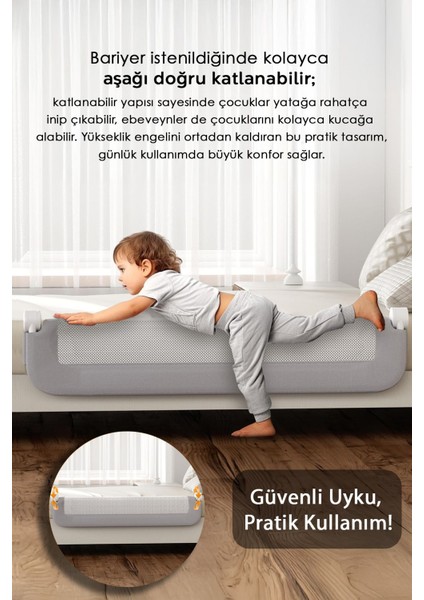 180X65 cm Katlanır Bebek Yatak Bariyeri - Mega Boy Koruma Bariyeri Koruyucu Baza Korkuluğu Gri fırsatları