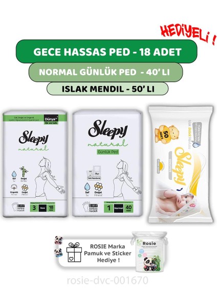Natural Ultra Hassas Gece Ped 18'li,günlük Ped 40'lı Sensitive 50'li Mendil ve Rosıe
