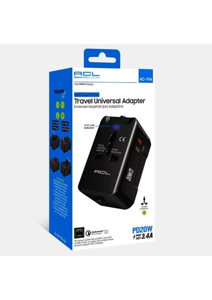Evrensel Eu Us Au Uk Priz Fiş Çevirici Dönüştürücü Seyahat Adaptörü 2 Type-C 1 USB Çıkışlı Adaptör