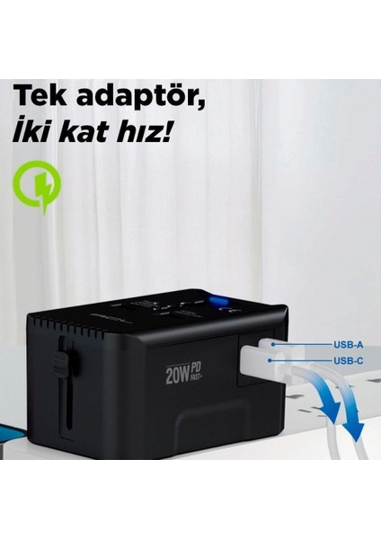 Evrensel Eu Us Au Uk Priz Fiş Çevirici Dönüştürücü Seyahat Adaptörü 2 Type-C 1 USB Çıkışlı Adaptör