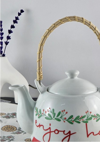 Enjoy Porselen Demlik - Hasır Saplı Çay Demliği - Üstten Saplı Demlik - 1 Litre