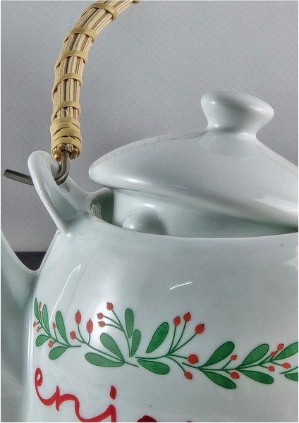 Enjoy Porselen Demlik - Hasır Saplı Çay Demliği - Üstten Saplı Demlik - 1 Litre