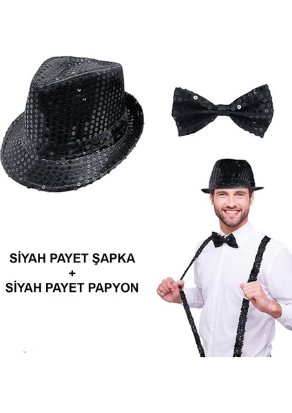 Siyah Payetli Şapka ve Papyon Seti – Parıltılı Yetişkin Kostüm Seti