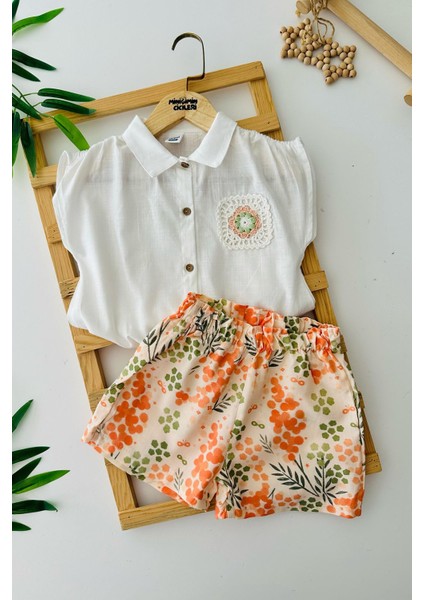 Cep Örgü Dantel Detaylı Kız Çocuk Etnik şortlu takım - Beyaz