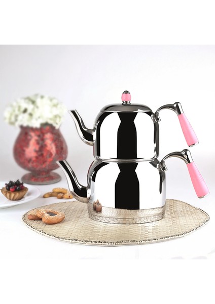 K-378 Pembe Armine Mega Boy Paslanmaz Çelik Indüksiyon Tabanlı 1.7-3.2 Lt Çaydanlık Takımı