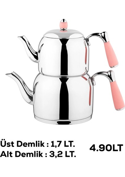 K-378 Pembe Armine Mega Boy Paslanmaz Çelik Indüksiyon Tabanlı 1.7-3.2 Lt Çaydanlık Takımı