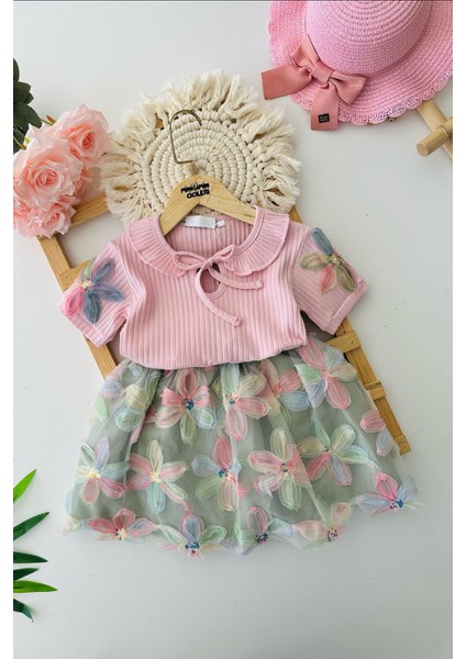 Eteği Zambak Desenli Renkli Payetli Kız Çocuk 2 li takım - Pembe