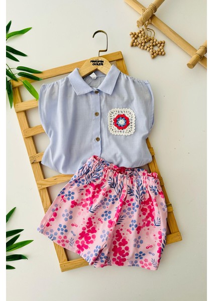 Cep Örgü Dantel Detaylı Kız Çocuk Etnik şortlu takım - Lila