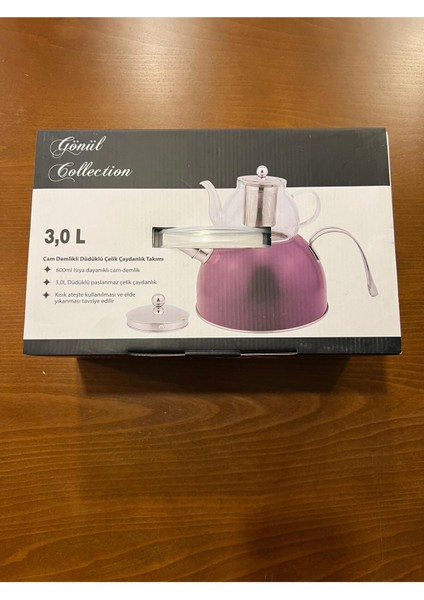 Gönül Cam Demlikli Düdüklü Siyah Mermer Desen 3 lt Çaydanlık
