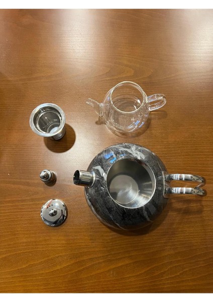 Gönül Cam Demlikli Düdüklü Siyah Mermer Desen 3 lt Çaydanlık