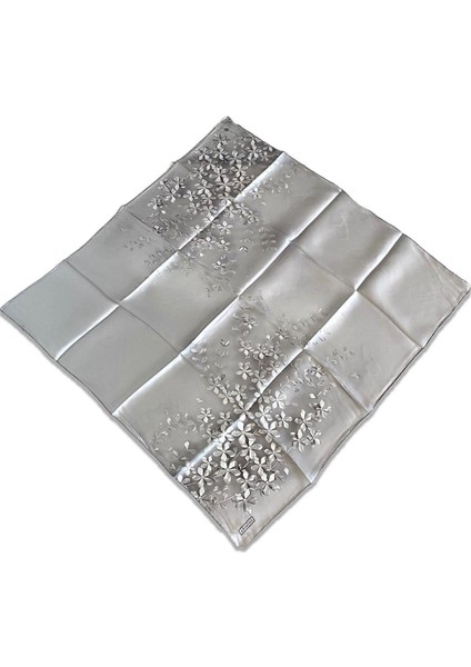 Gri Taş Çiçek Desen Tivil İpek Eşarp 9177 - 02