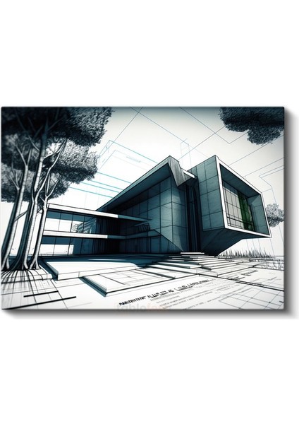 Geniş Bahçeli Modern Ev Çizimi Kanvas Tablo fiyatları