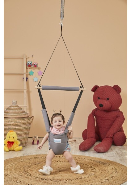 Hoppala Zıpzıp, Yüz Korumalı, Kanguru, Yaylı Denge Bebek Yürüteci Doğal Ahşap Gri