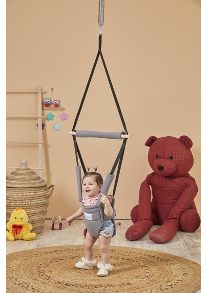 Hoppala Zıpzıp, Yüz Korumalı, Kanguru, Yaylı Denge Bebek Yürüteci Doğal Ahşap Gri fırsatları