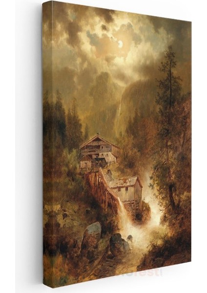 Albert Bierstadt - Dağ Evleri ve Şelale Kanvas Tablo modelleri