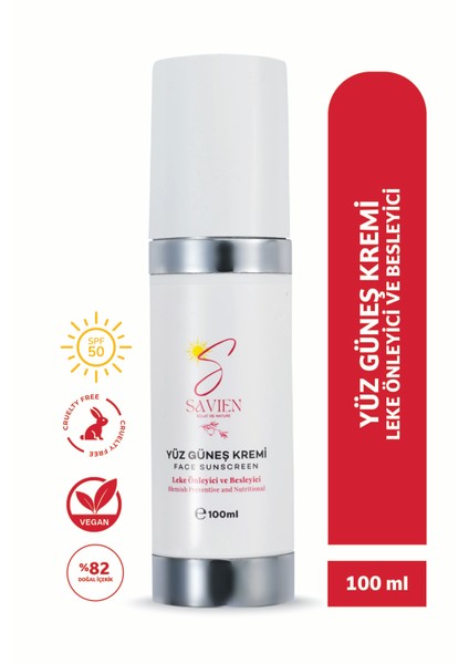 Ton Eşitleyici ve Leke Önleyici Besleyici Yaşlanma Önleyici Doğal Günlük Yüz Güneş Kremi 50 SPF + 100ML
