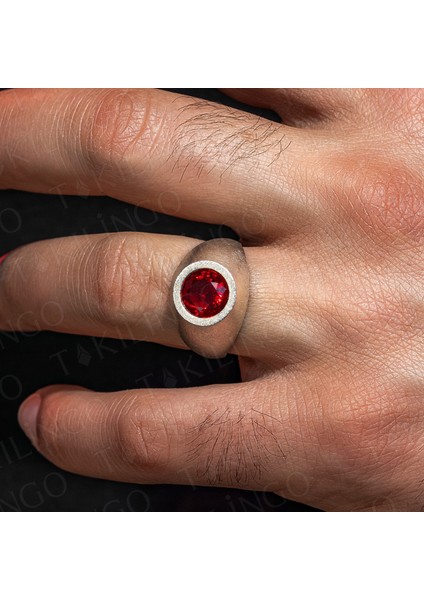 925 Ayar Gümüş Yuvarlak Kırmızı Ruby Taşlı Sade Erkek Yüzük