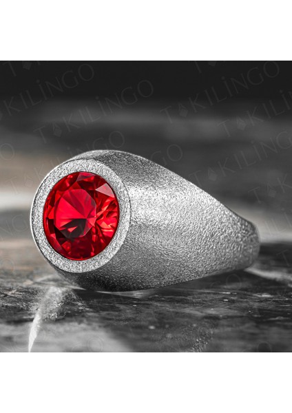925 Ayar Gümüş Yuvarlak Kırmızı Ruby Taşlı Sade Erkek Yüzük modelleri