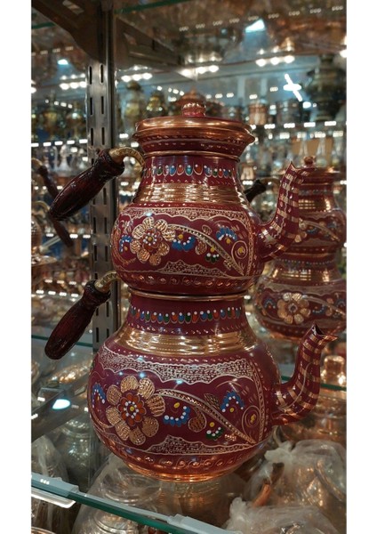 Lila Mor El İşlemeli Bakır Çaydanlık, Çiçek Desenli, Büyük Aile Boy, 2,9 L