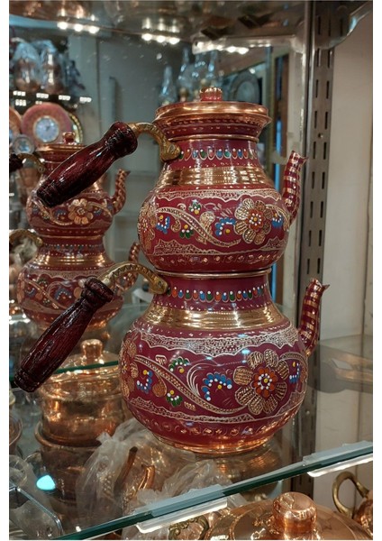Lila Mor El İşlemeli Bakır Çaydanlık, Çiçek Desenli, Büyük Aile Boy, 2,9 L