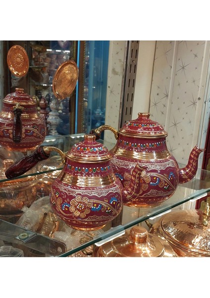 Lila Mor El İşlemeli Bakır Çaydanlık, Çiçek Desenli, Büyük Aile Boy, 2,9 L