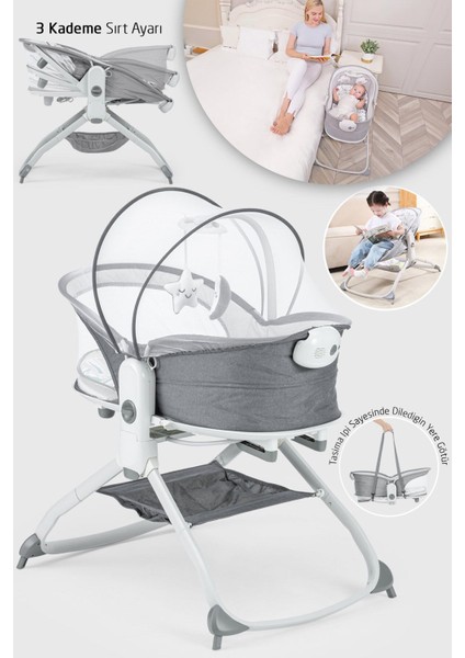 Mira 6in1 Anne Yanı Beşik ve Ana Kucağı Sallanan Müzikli Titreşimli Kademeli Koyu Gri