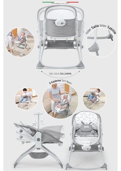 Mira 6in1 Anne Yanı Beşik ve Ana Kucağı Sallanan Müzikli Titreşimli Kademeli Koyu Gri modelleri