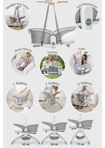 Mira 6in1 Anne Yanı Beşik ve Ana Kucağı Sallanan Müzikli Titreşimli Kademeli Koyu Gri fırsatları