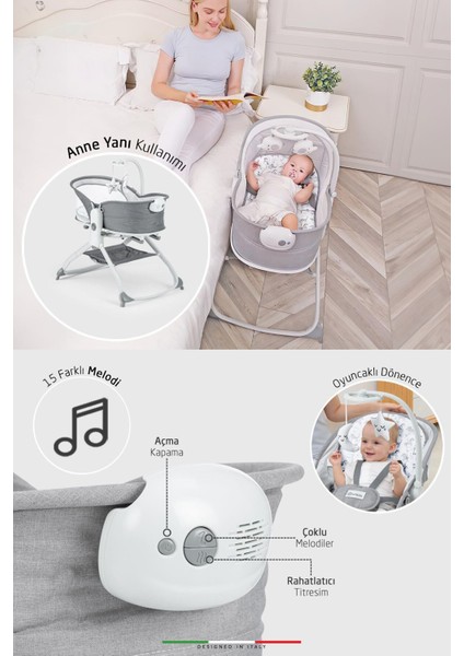 Mira 6in1 Anne Yanı Beşik ve Ana Kucağı Sallanan Müzikli Titreşimli Kademeli Koyu Gri indirimleri
