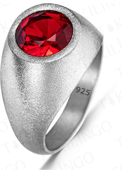 925 Ayar Gümüş Yuvarlak Kırmızı Ruby Taşlı Sade Erkek Yüzük