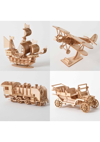 Sarı Stil 3D Ahşap Puzzle Yelkenli Çift Kanatlı Uçak Buharlı Lokomotif Tren Oyuncakları Montaj Kitleri Çocuklar Için Masa Süsü (Yurt Dışından)