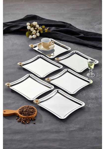 Elegante Square Serisi, Bella Flora Kulp Desenli Krom Sunum Söz Nişan Tepsisi, 22X22CM, 6 Adet