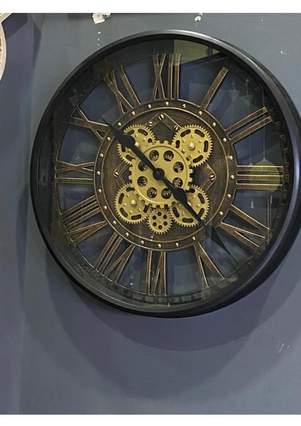 Metal Görünümlü Çarklı Duvar Saati Siyah 50 cm
