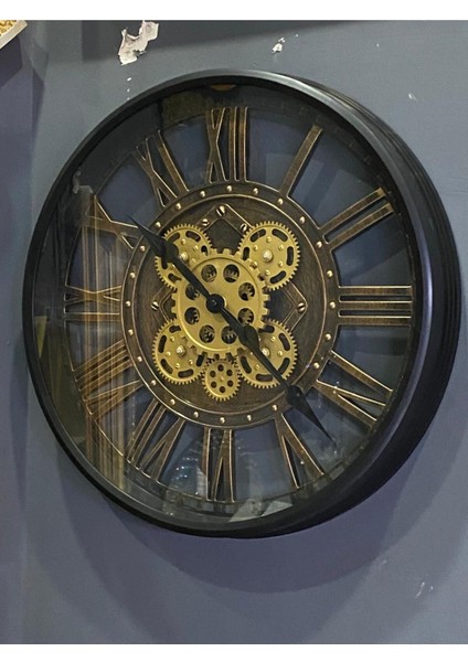 Metal Görünümlü Çarklı Duvar Saati Siyah 50 cm