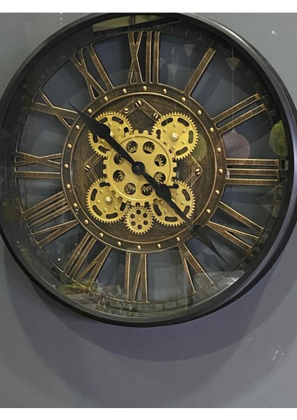 Metal Görünümlü Çarklı Duvar Saati Siyah 50 cm