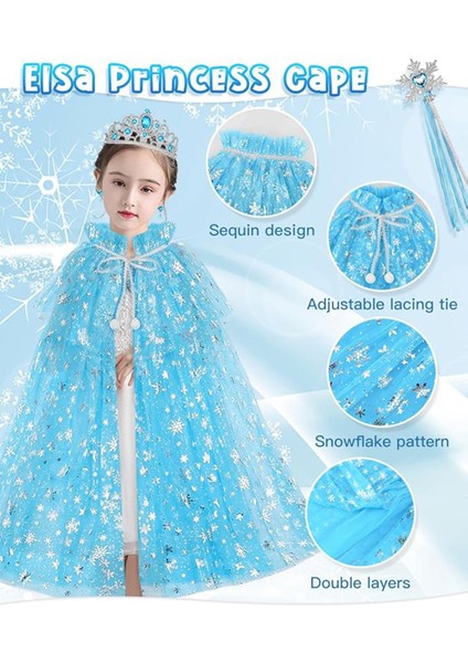Frozen Elsa Pelerin Taç Asa ve Eldiven Seti 80 cm