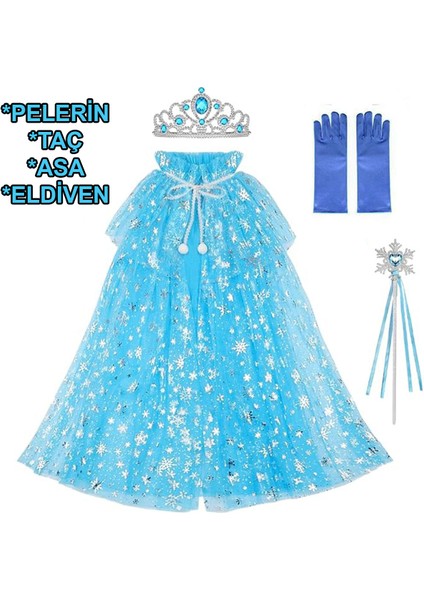 Frozen Elsa Pelerin Taç Asa ve Eldiven Seti 80 cm