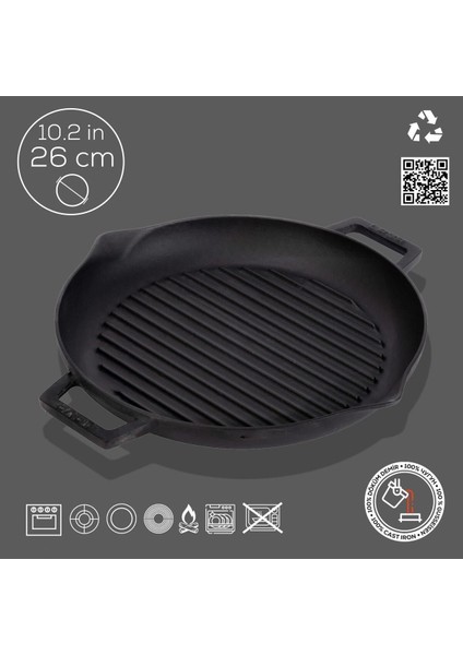 Döküm Yuvarlak Izgara Tavası Döküm Demir Yekpare Çift Kulplu ÇAP(Ø)26CM.