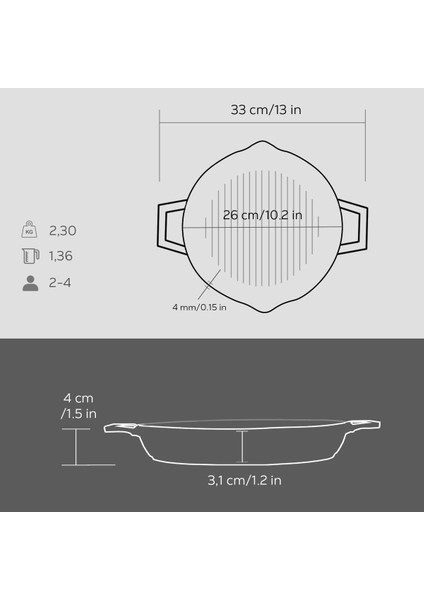 Döküm Yuvarlak Izgara Tavası Döküm Demir Yekpare Çift Kulplu ÇAP(Ø)26CM.