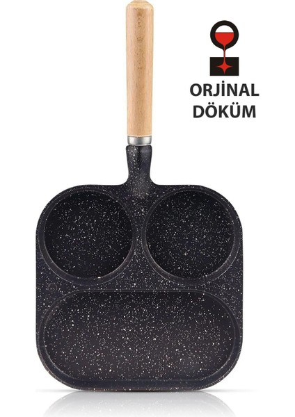 3 Bölmeli Granit Döküm Tava Pancake Yumurta Mücver Omlet Tavası