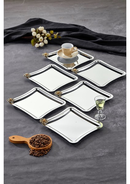 Elegante Square Serisi, Fiore Nero Kulp Desenli Krom Sunum Söz Nişan Tepsisi, 22X22CM, 6 Adet