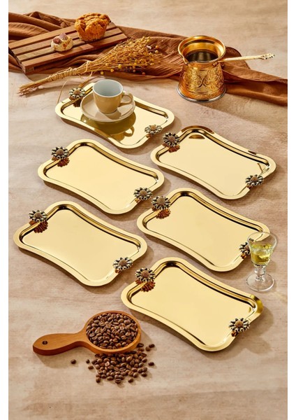 6 Adet Elegante Gold Serisi Duo Fiore Nero Kulp Desenli Sunum Tepsi Söz Nişan Tepsisi 25X15CM