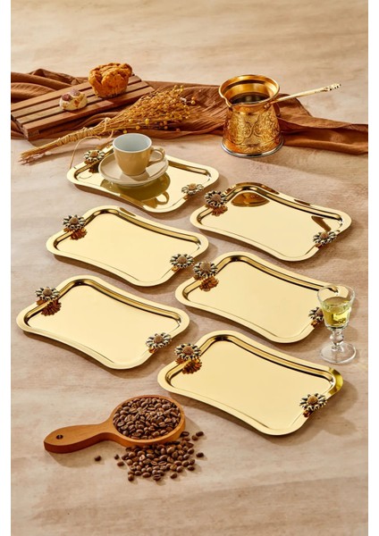 6 Adet Elegante Gold Serisi Duo Fiore Nero Kulp Desenli Sunum Tepsi Söz Nişan Tepsisi 25X15CM