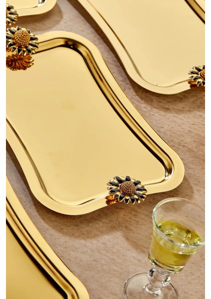 6 Adet Elegante Gold Serisi Duo Fiore Nero Kulp Desenli Sunum Tepsi Söz Nişan Tepsisi 25X15CM