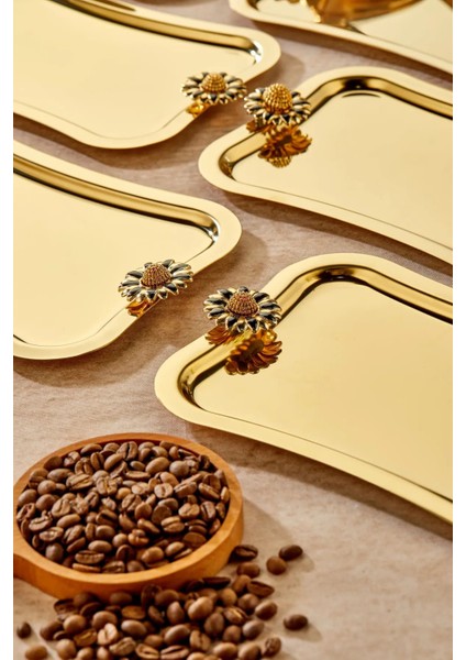 6 Adet Elegante Gold Serisi Duo Fiore Nero Kulp Desenli Sunum Tepsi Söz Nişan Tepsisi 25X15CM