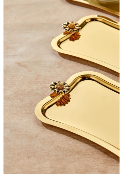 6 Adet Elegante Gold Serisi Duo Fiore Nero Kulp Desenli Sunum Tepsi Söz Nişan Tepsisi 25X15CM