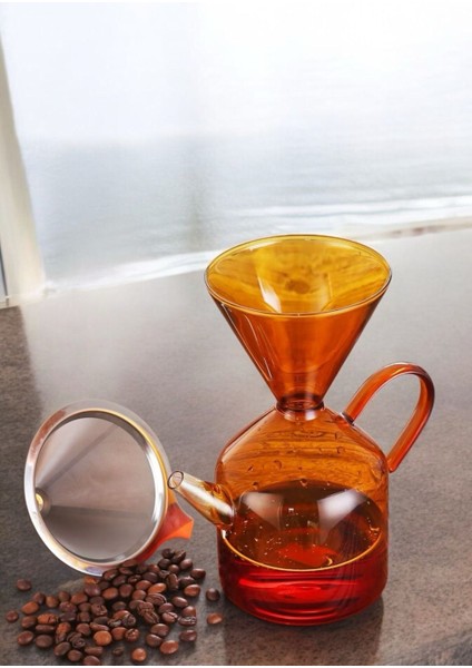 Borosilikat Amber Cam Kahve Demlik Metal Süzgeçli - Filtre Kahve Demliği
