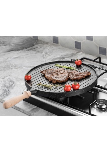 Çift Taraflı Granit Döküm Tava Ahşap Saplı - Q35 cm modelleri